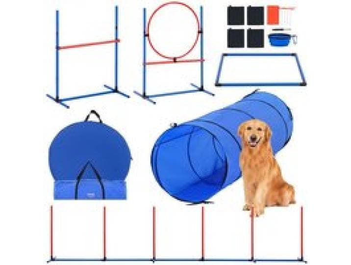 VEVOR Équipements d'Entraînement Agilité pour Chien, Ensemble 5PCS, Parcours Obstacles pour Chiot, avec Haies Hautes Réglables, 6 Poteaux, Tunnel, Anneau de Saut, Boîte de Pause, Sifflet, Bol Pliable