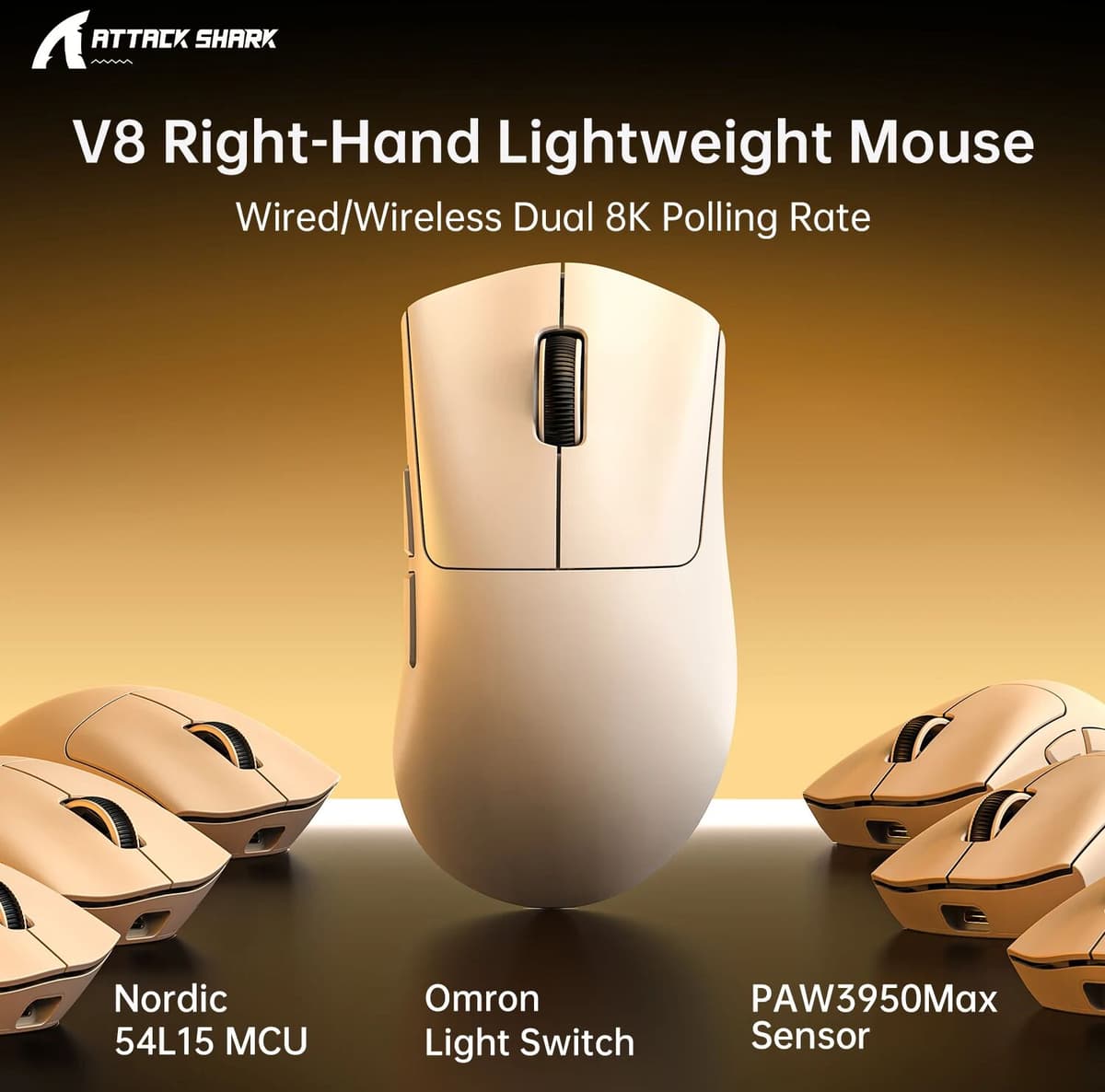 ATTACK SHARK, V8, Mouse, PAW3950, Wireless, Gaming, RGB, Tri-Mode
