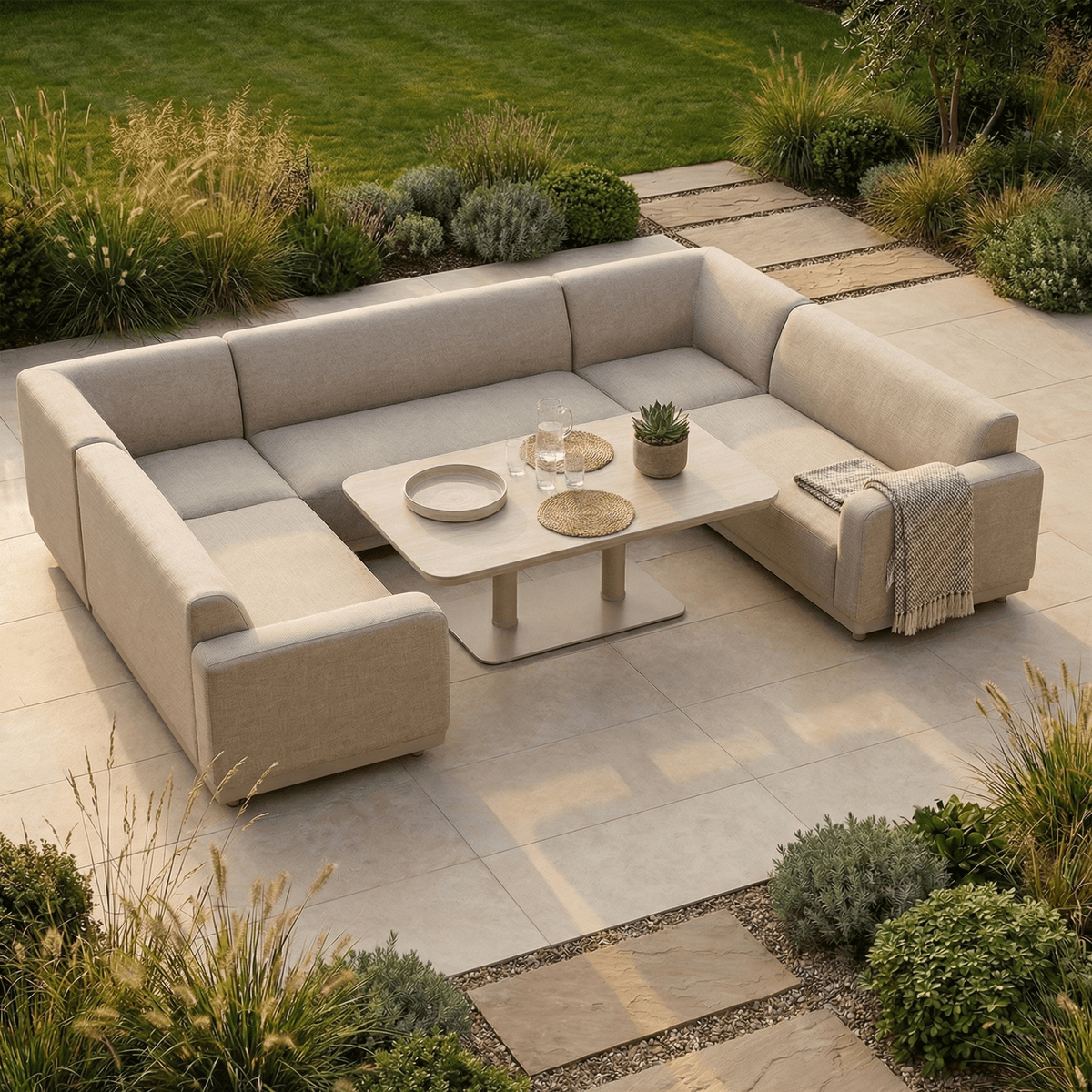 Harbour Lifestyle Luna U-Shape Outdoor Fabric Sofa Set with Altura Rising Table in Fawn