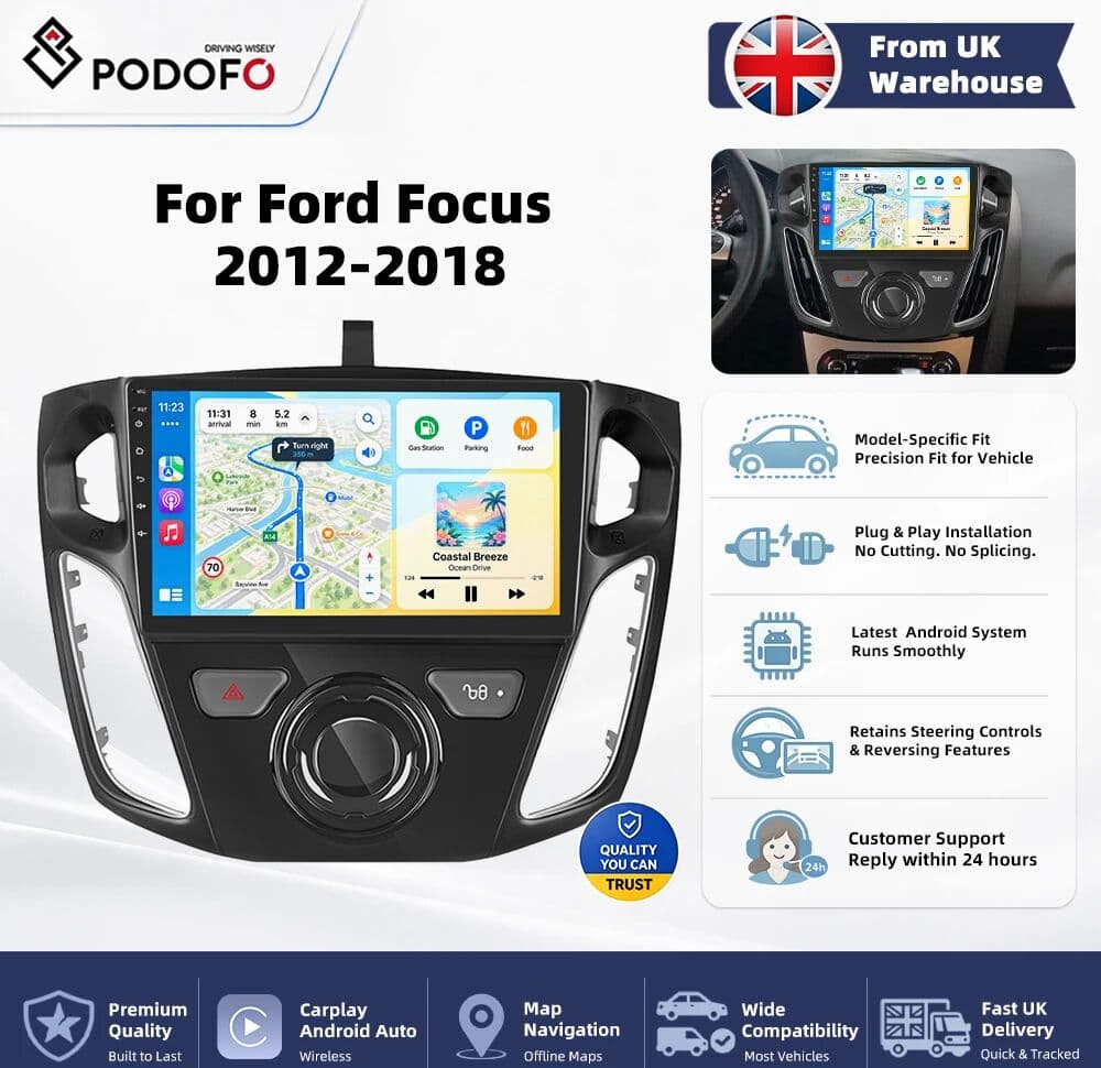 Podofo Android 6+128GB Wireless Carplay Auto Multimedia Player For Ford Focus 12-18 Stereo BT Video Player 2din Car Radio