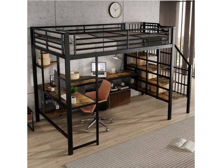 VUENOR Lit mezzanine 120x200 cm noir et bois foncé avec bureau et escalier sans matelas