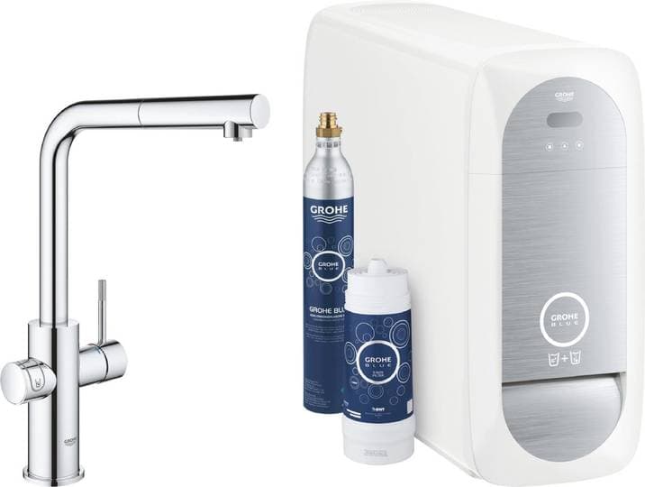 GROHE Blue Home Mono Keukenkraan - Met Bluetooth en WIFI - Starterkit - L-Uitloop - Chroom - Met uittrekbare handdouche - Voor gezuiverd\, gekoeld en bruisend water