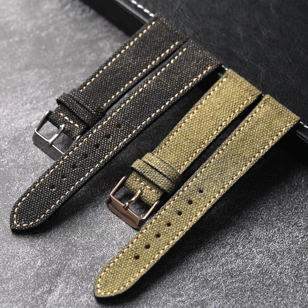 Raystray Handmade Canvas Lamination Leather Strap 18 19 20 21 22MM Black Green Vintage Men's Antique Watch Bracelet