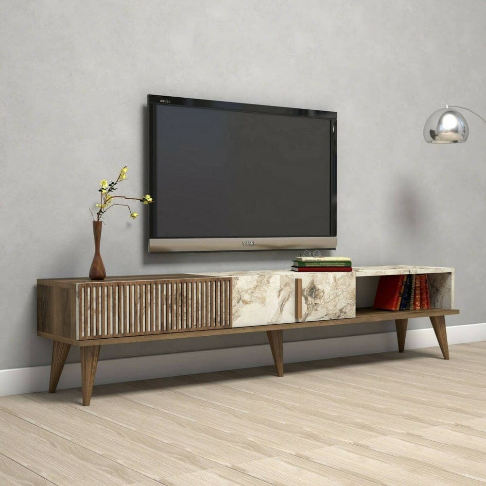 Dmora Mueble de televisión efecto madera nogal, blanco 180x35  cm