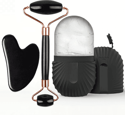 Silver Stone Store Ice Face Roller & GuaSha Set Lift, Tighten & Contour Skin 3pcs Set black