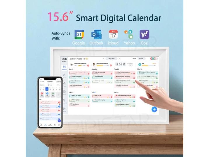 Calendrier familial numérique WiFi 15.6 pouces, écran tactile intelligent, tableau des tâches, planificateur mural montable sur le bureau, calendrier numérique