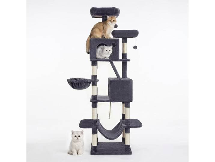 JOYFURNOS krabpaal, 206 cm grote kattentoren met 13 krabpalen, 1 krabhelling, 2 zitstokken, 2 huisjes, mand, hangmat, pompons, pluche kattenhuis met meerdere verdiepingen voor binnenkatten, rookgrijs