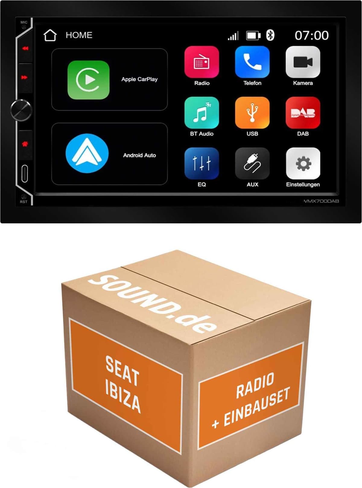 Autoradio Einbaupaket ESX VMX700DAB passend für Seat Ibiza IV 6J + Lenkradfernbedienung Conemara grau | CarPlay Wireless Android Auto Wireless Bluetooth