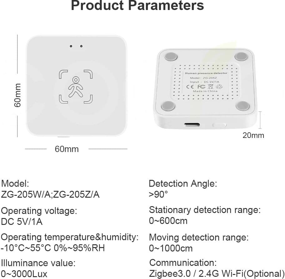 coolo Tuya WiFi/ Zigbee Smart Human Presence Sensor 24G Radar Motion Sensor with Lux/Distance Detection for Zigbee2MQTT Home Assistant