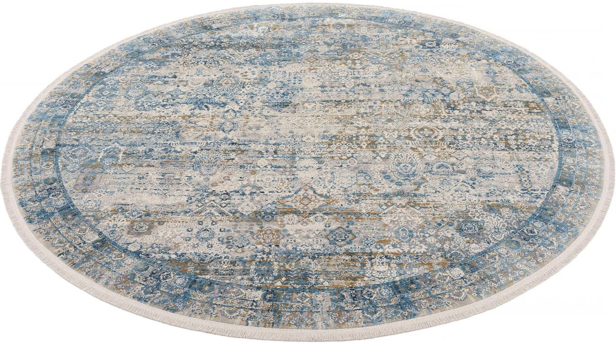 Teppich OCI DIE TEPPICHMARKE "BESTSELLER TADI, auch als Läufer und in Rund", grau (blau, grau), H:8mm Ø:160cm, Viskose, Teppiche, Teppich, Glanz Viskose, mit Fransen, Hoch Tief Struktur, Vintage, Wohnzimmer blau, grau Ø 160cm 1 Stk., 8mm, Ø 160cm