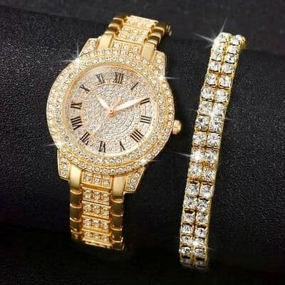 Inspire Select Radiant Royale Full Diamond Roman Quartz Women's Watch & Double Row Bracelet Gift Set gold