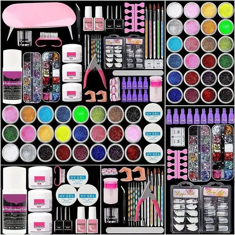 NONE 58pcs Professional Nail Art Tools Set Crystal Powder Press-On Nails 42-Color Polish Glue Kits Fashion Full Set