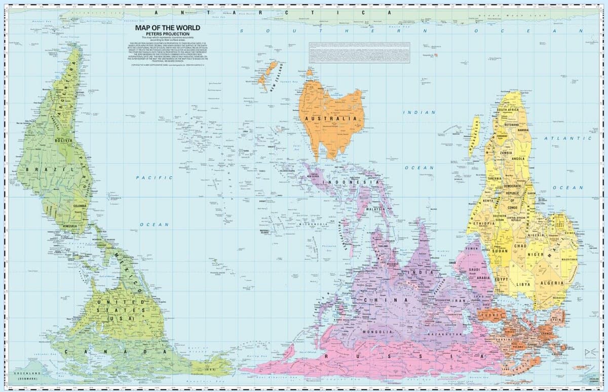 Carte murale (en anglais) - Le Monde politique, centré sur le Pacifique, upside down - Projection de Gall-Peters (107 x 70 cm)   Huber