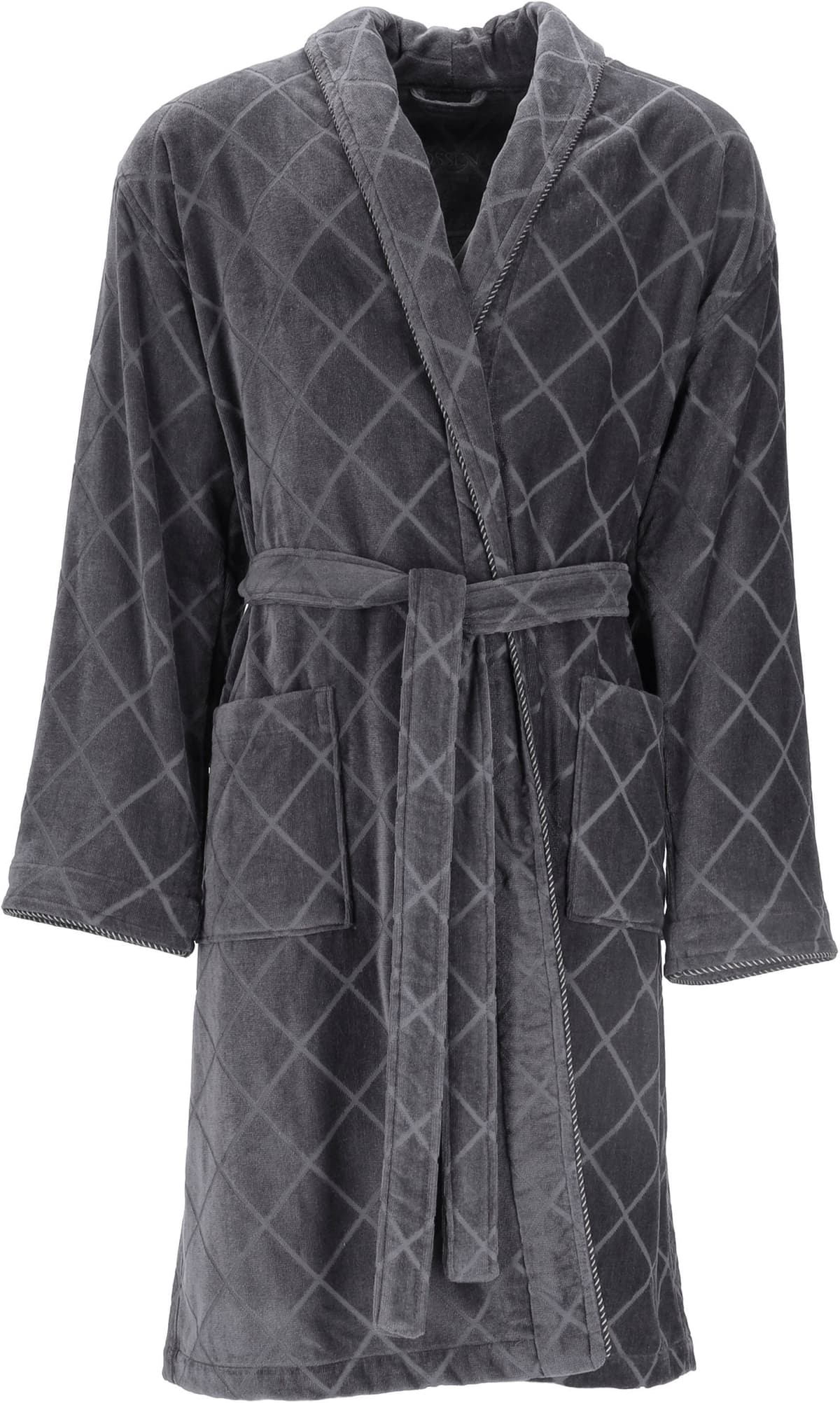 Herrenbademantel VOSSEN "Barron, ideal für Sauna & Spa, Hotelbademantel, Morgenmantel" Gr. XL, grau (graphit), L:120cm, Webvelours, Hausmäntel, Herrenbademantel, mit Schalkragen, Rautendesign graphit XL L: 120cm