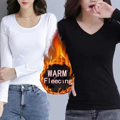 Uplifted Finds O Neck Long Sleeve Fleece Heating Fiber Thermal T Shirt Women Winter Bottoming Cropped Top Casual Skinny All Match l 2 pcs D