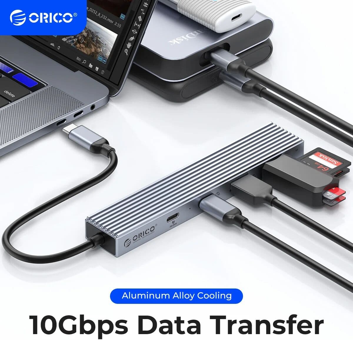 ORICO Type C USB 3.2 10GBPS Hub 4 Ports Compatible With PD100W SD TF Splitter OTG Adapter Suitable For PC Computer Accessories