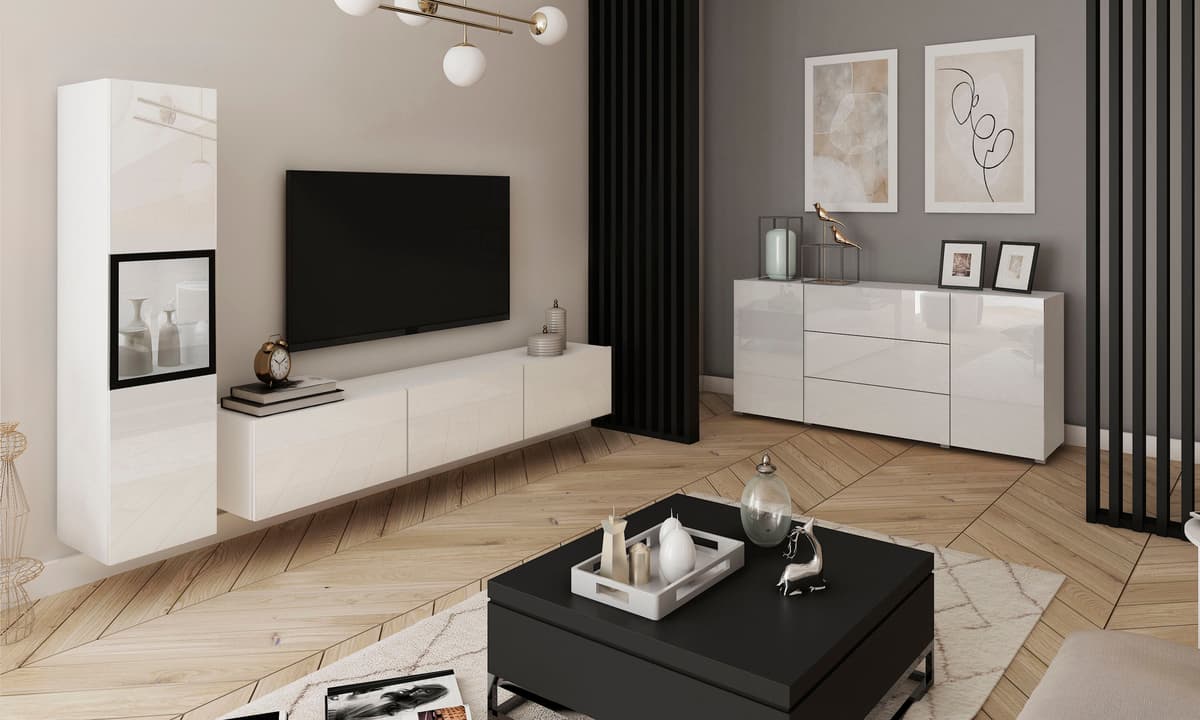 Wohnwand HOME AFFAIRE "BERLIN I, Vitrine Türschlag links/rechts wechselbar", weiss (weiß matt, weiß hochglanz), B:220cm H:130cm T:33cm, ABS-Kunststoff, Glas, Hartfaserplatte, Kastenmöbel-Sets, Wohnwand, moderne grifflose Mediawand Breite 220 cm, Vitrine m