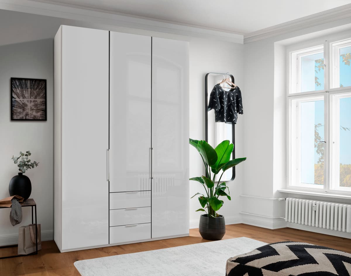 Kleiderschrank WIEMANN "Monaco", weiss (weiß, glas weiß), B:148,5cm H:236cm T:58cm, Floatglas, Holzwerkstoff, Schränke, Kleiderschrank, mit Glasfront sowie hochwertigen Beschlägen inkl. Dämpfung weiß, glas weiß B/H/T: 148,5cm x 236cm x 58cm, Schubladen: 3