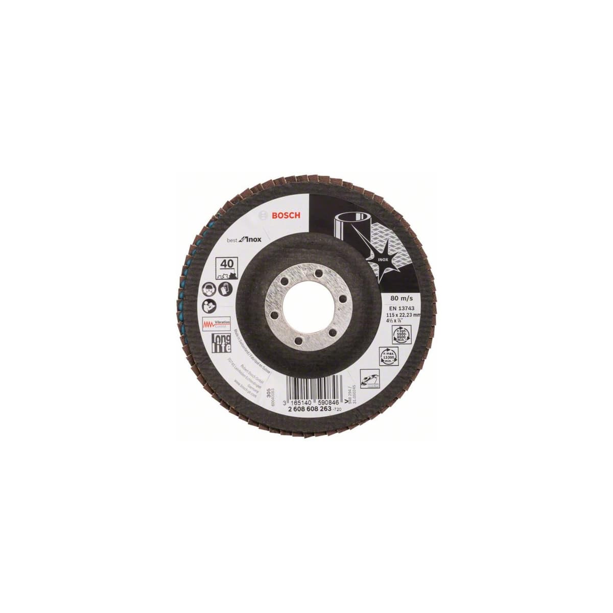 BOSCH Fächerschleifscheibe X581 Best for Inox gewinkelt 115 mm 40 Glasgewebe (2608608263)