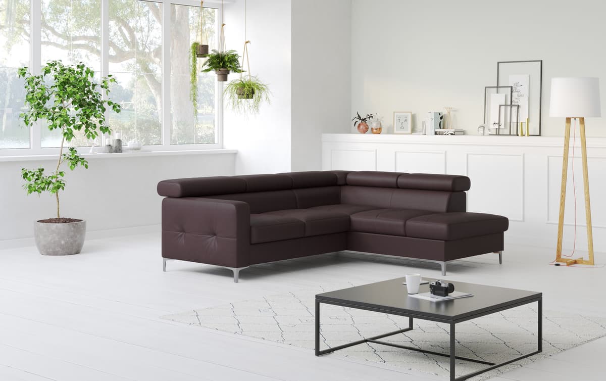 Ecksofa COTTA "Sammy L-Form", braun, B:239cm H:74cm T:207cm, Microfaser Primabelle (100% Polyester);Die Rückseite und die Liegefläche der Bettfunktion in NaturLEDER ist mit schwarzem Spannstoff bezogen, Sofas, Ecksofa, mit Kopfteilverstellung, wahlweise m