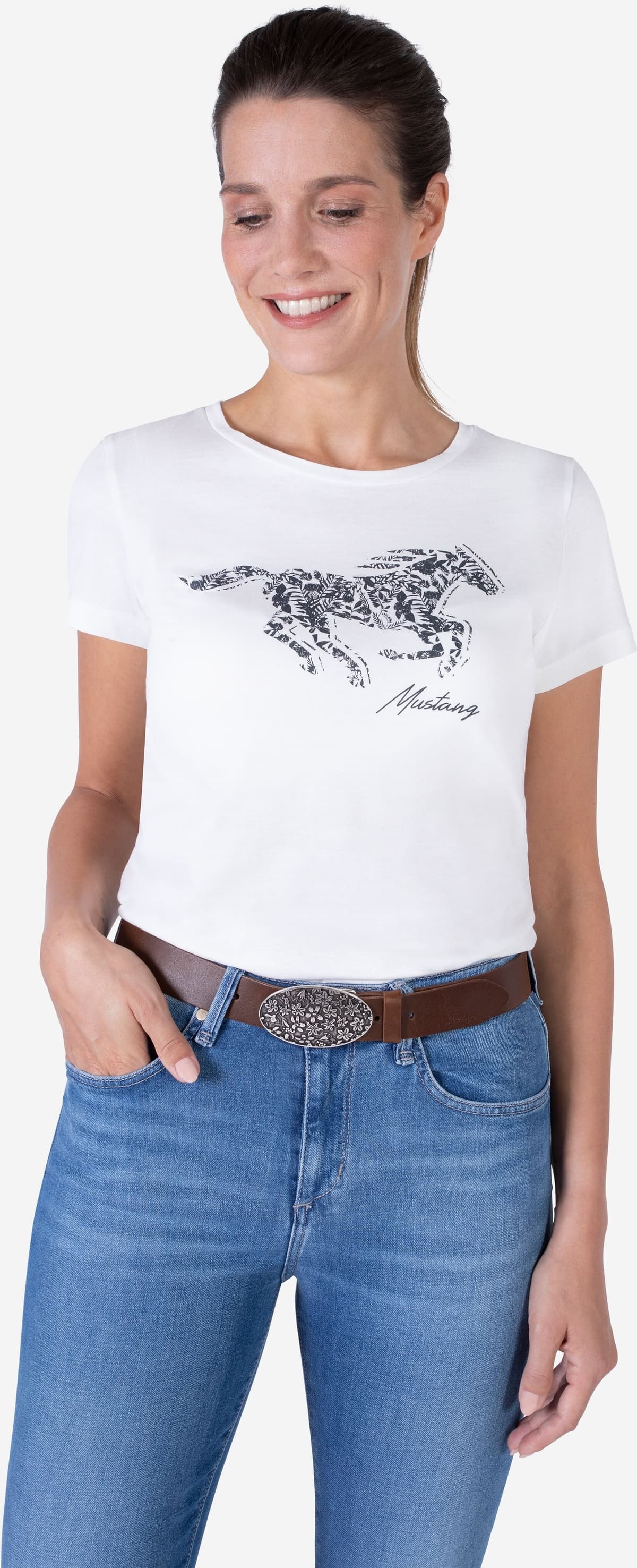 Koppelgürtel MUSTANG "Jenna", Damen, Gr. 100, braun, Rindsleder, unifarben, Gürtel Koppelgürtel, mit floraler Koppelschliesse, in mattem Silberfarbton, aus Rindsleder braun 100