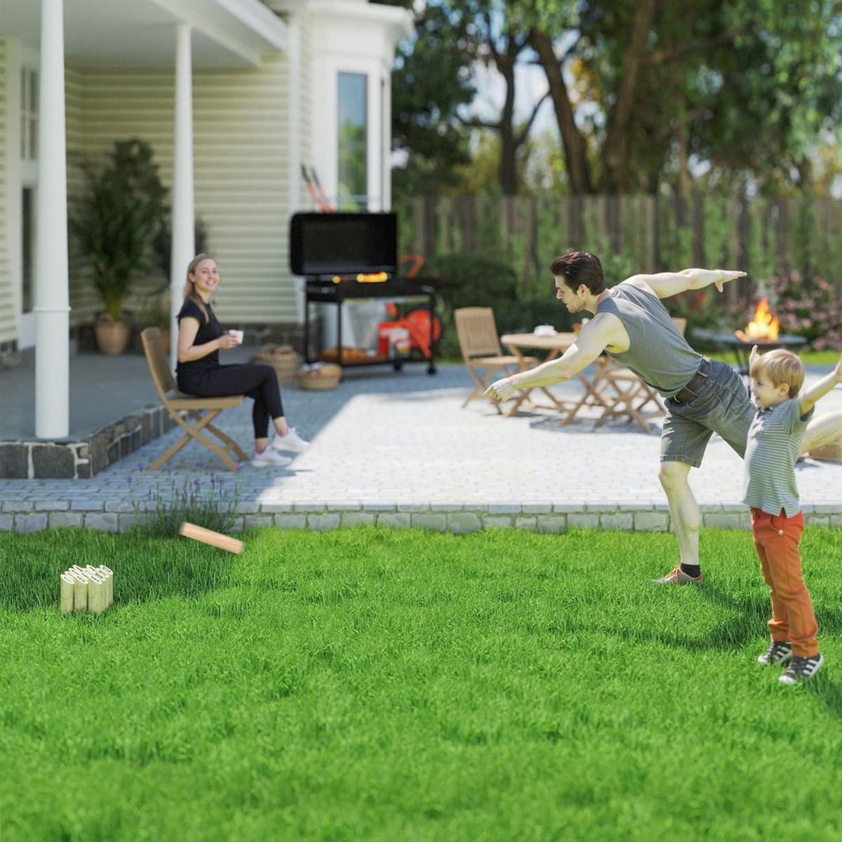 Sportnow Gioco di birilli finlandesi, gioco all'aperto in legno di pino 12 birilli 1 bastone 1 scatola di trasporto effetto legno naturale   Aosom Italy
