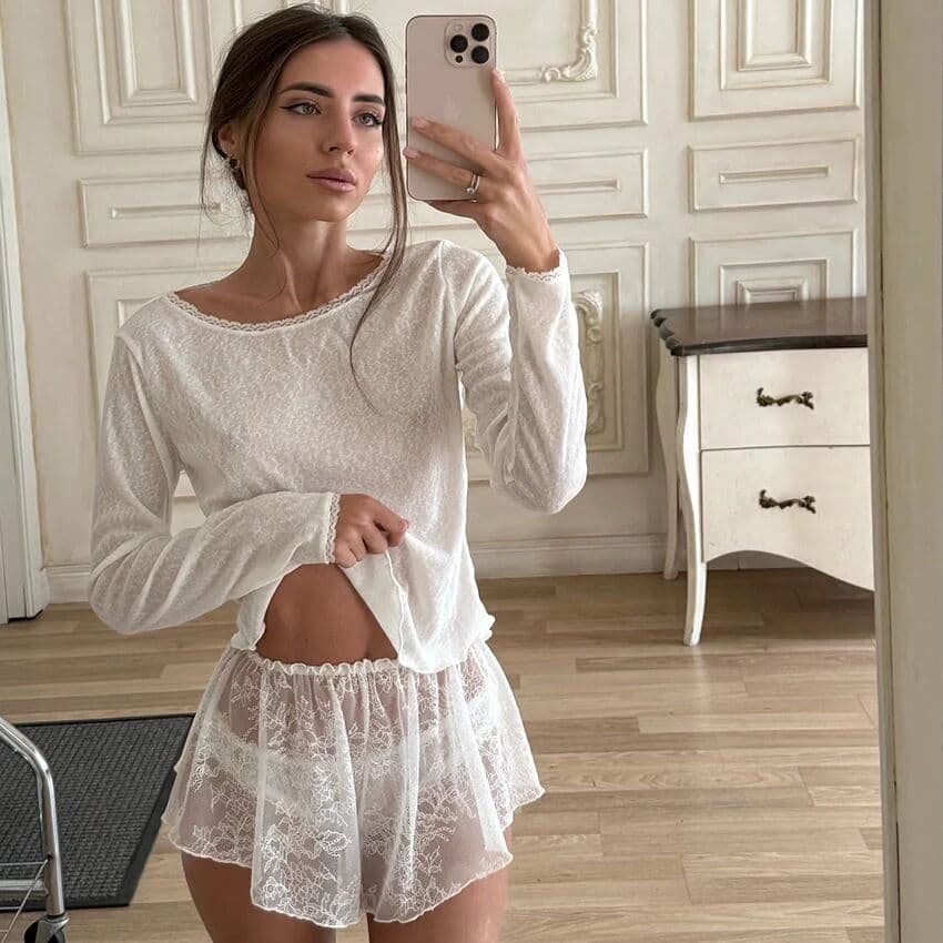 HiLoc White Fashion Lace Thin Knitted Elastic Ladies Pajamas 2 Piece Long Sleeve O-Neck Top Elastic Waist Transparent Shorts