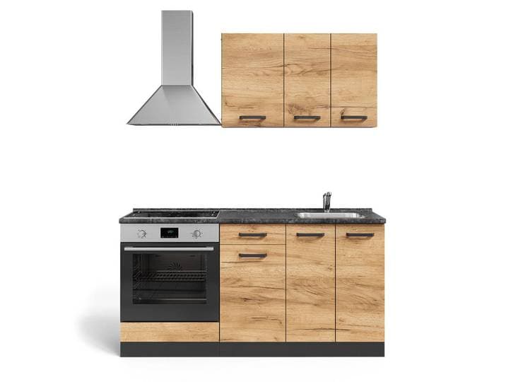 Vicco Singleküche R-Line Goldkraft Eiche/Anthrazit 160 cm mit Herdumbauschrank und Spüle mit AP, Eichefarben, Anthrazit, Holzwerkstoff, Rechteckig, 160x81.6x46 cm, Küchen, Küchenblöcke, Küchenzeilen, Küchenzeilen ohne Geräte