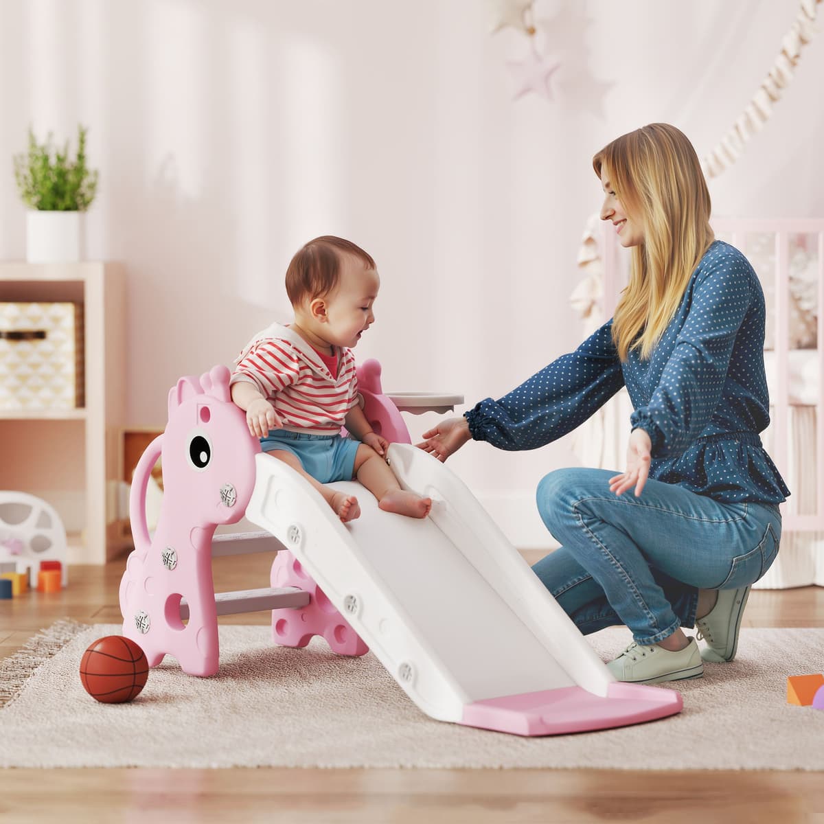 Aiyaplay Scivolo per Bambini con Scaletta, Canestro da Basket e Pallone, Design Giraffa, per Bambini 1-3 Anni, Rosa   Aosom Italy