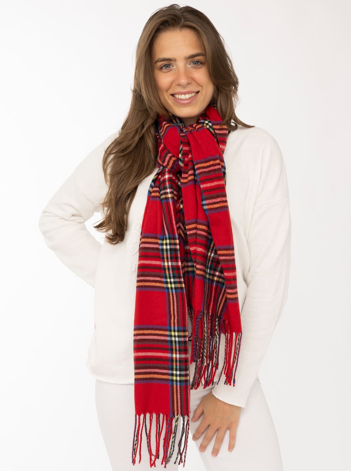 Schal ZWILLINGSHERZ "Schmales Karo", Damen, rot, Obermaterial: 80% Polyester, 20% Viskose, kariert, Modetücher Schal, Viskose Mix, mit Fransen, klassisches Karo-Muster rot Einheitsgröße