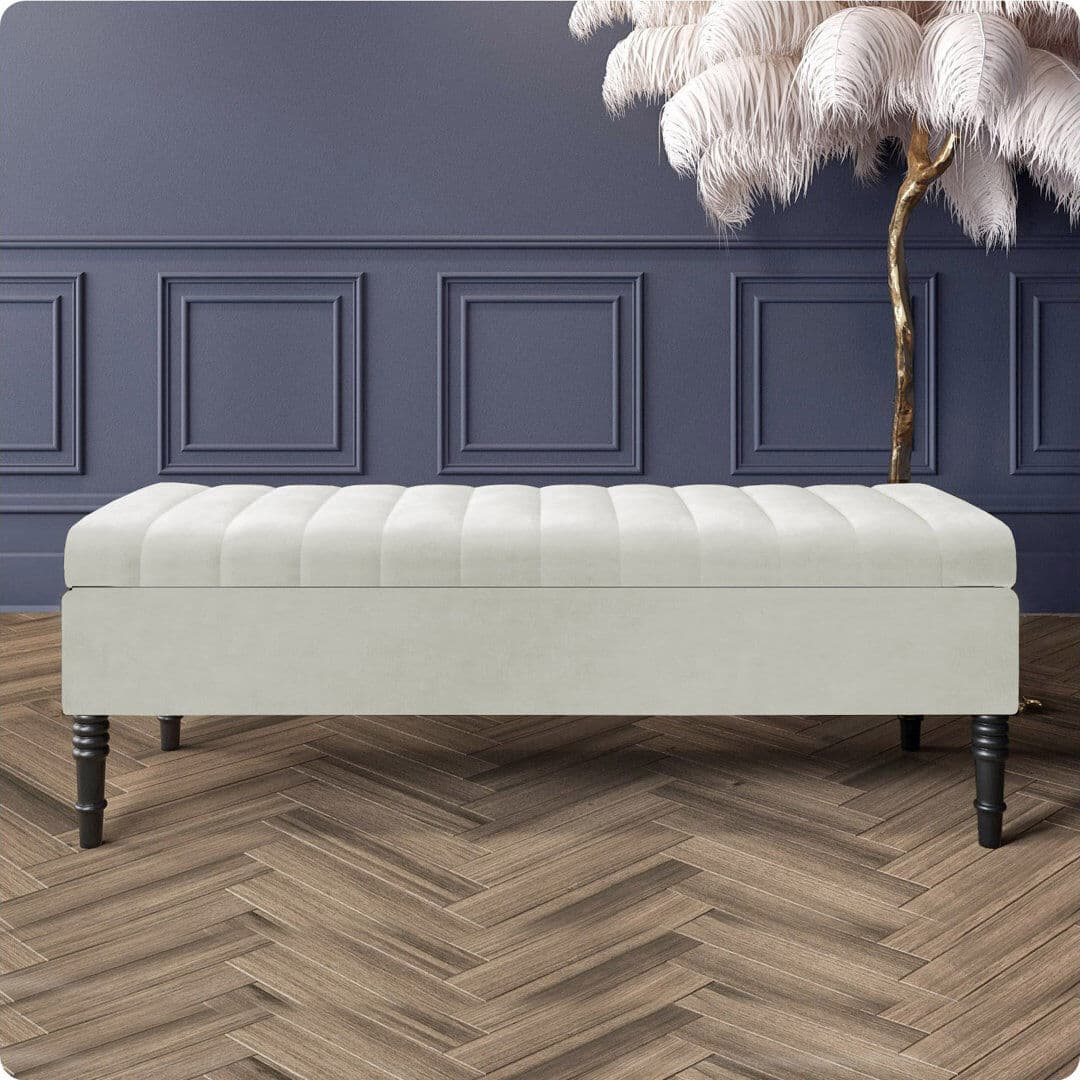 R&M Furnishers Safar Striped Ottoman Storage Bench – Upholstery Plush Velvet Shoe Bench with Black Turned Wooden Legs Cream 40cm H x 120cm W x 40cm D