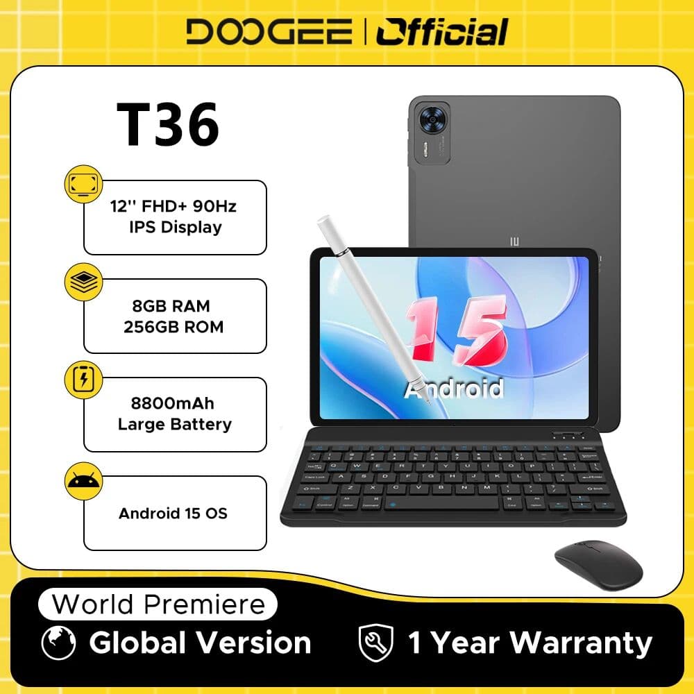Global Version DOOGEE T36 Android 15 Tablet 8+256GB 12'' FHD+ 90Hz IPS Display Unisoc T620 Octa Core 8800mAh Battery Widevine L1