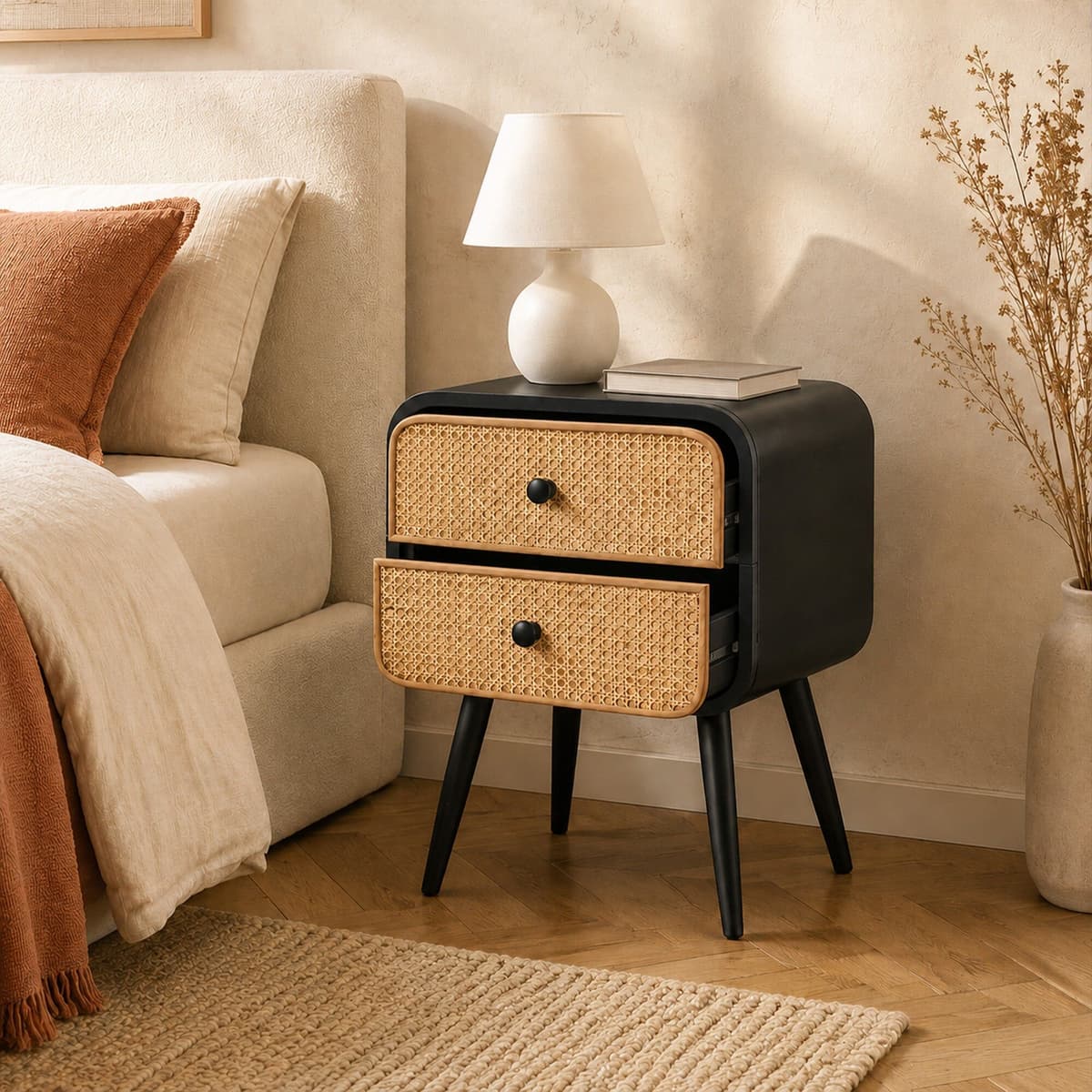 Black & Rattan 2 Drawer Bedside Table Wood, Metal