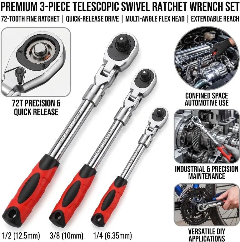 NONE 72 Teeth Telescopic Ratchet Wrench Adjustable Quick Released 1/4 3/8 1/2 Inch Drive Chrome Vanadium Steel Hand Tool