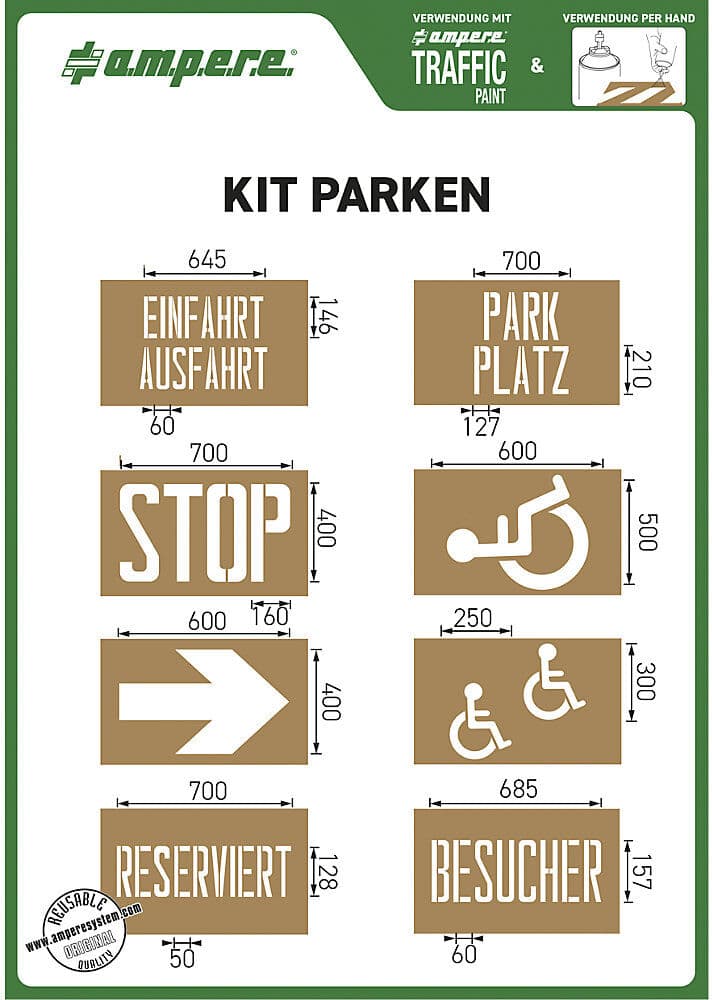 Schablonenset, Industriegelände, Text und Symbole, 8 diverse Schablonen, Karton Ampere