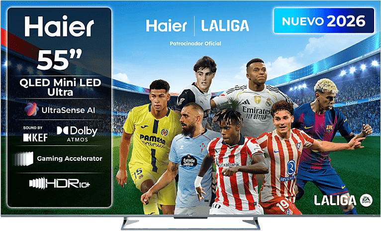TV QLED Mini-LED 55'' - Haier M90 Series H55M90GUX, 4K HDR10+, Google TV, Dolby Atmos, Sonido KEF, Gaming 144Hz, Negro