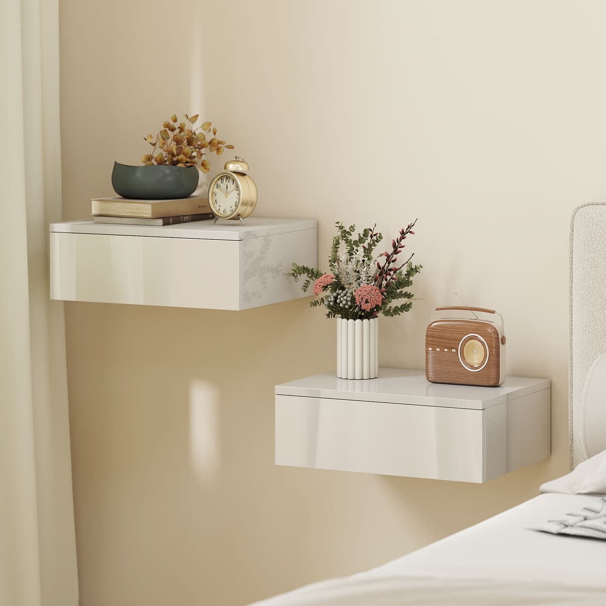 Homcom Set da 2 Comodini con cassetto per camera da letto, design da parete e pannello truciolare, 40x30x14 cm, Bianco   Aosom Italy