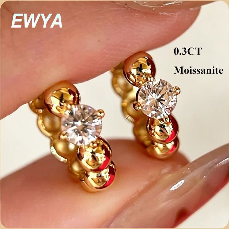EWYA Dainty 0.3CT Round Cut D Color Moissanite Huggie Hoop Earrings for Women S925 Silver Minimalist Buckle Ear Fine Jewelry