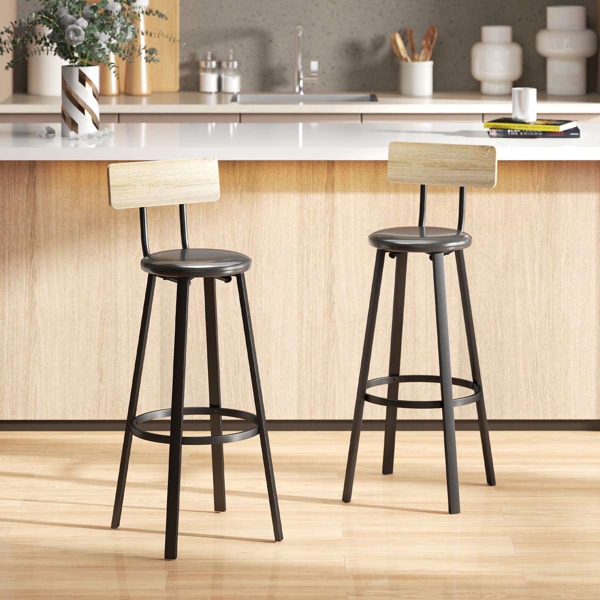 Homcom Set di 2 Sgabelli Alti da Cucina con Schienale e Poggiapiedi Rivestiti in PU Seduta 75,5 cm Naturale e Nero   Aosom Italy