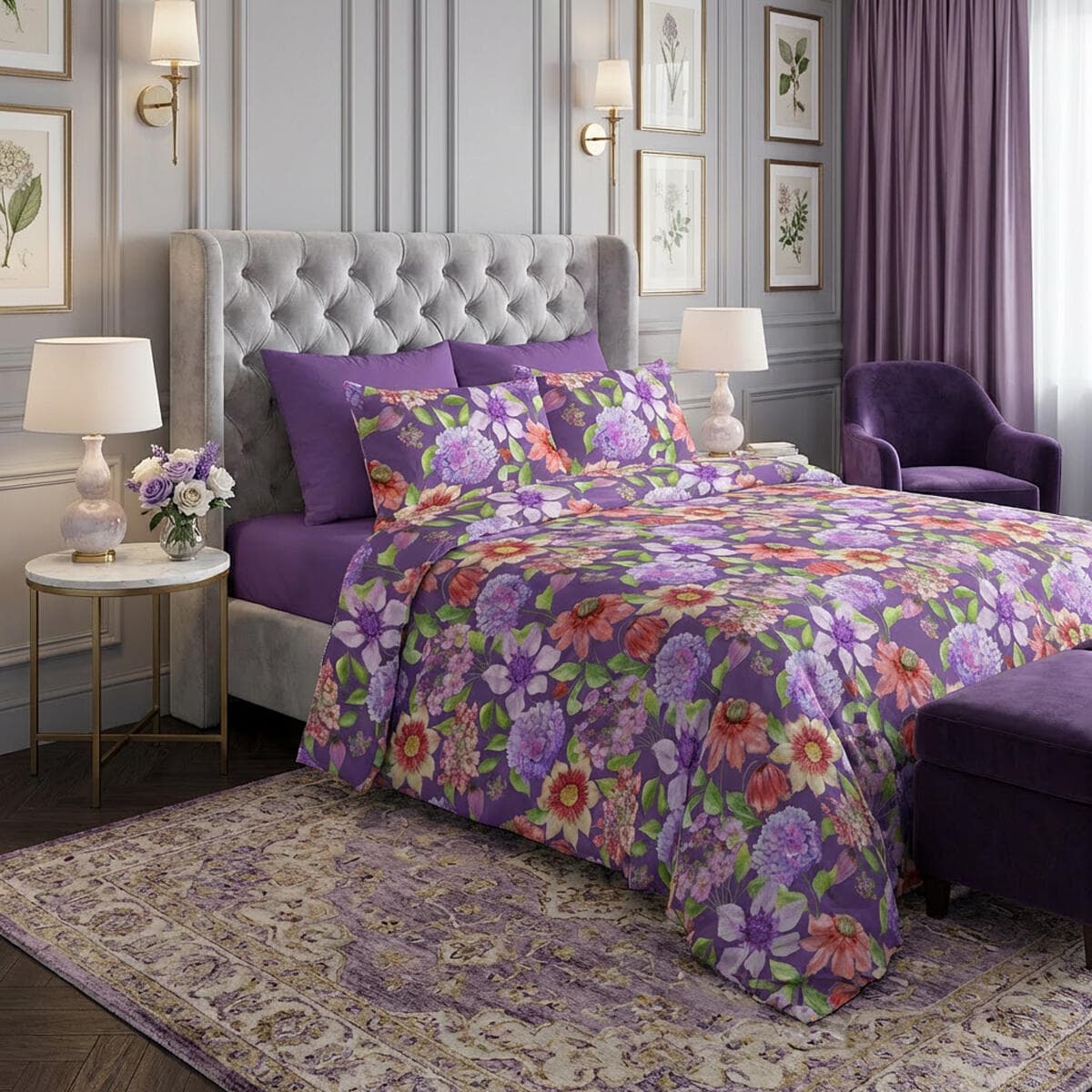 Bettwäsche Set Hortensie 100% mercerisierte Baumwolle Satin 300 TC bügelleicht