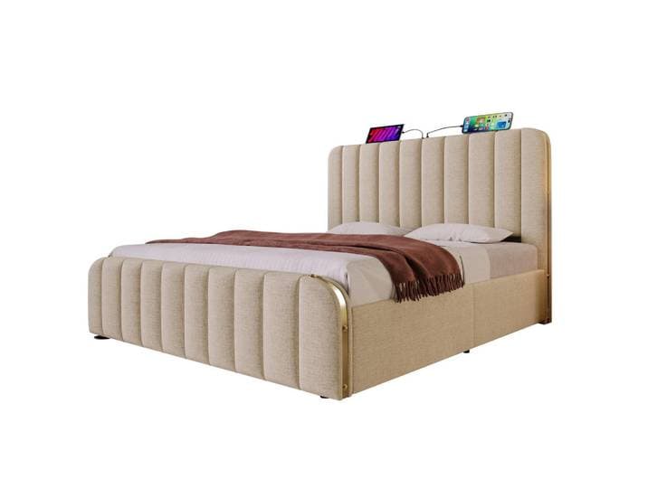 Modfu Polsterbett aus Leinen 180x200 cm in Beige mit Usb- & Matratze, 180x200 cm, Schlafzimmer, Betten, Polsterbetten
