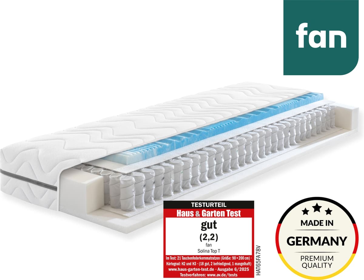 Taschenfederkernmatratze FAN "Solina Top T, 90x200 & mehr, 7 Zonen Wendematratze in 2 Härten", weiß, B:90cm H:22cm L:200cm, Bezug: 100% Polyester. Steppfüllung: 100% Polyester, Matratzen, Taschenfederkernmatratze, Haus & Garten Test "GUT", getestet in Gr.