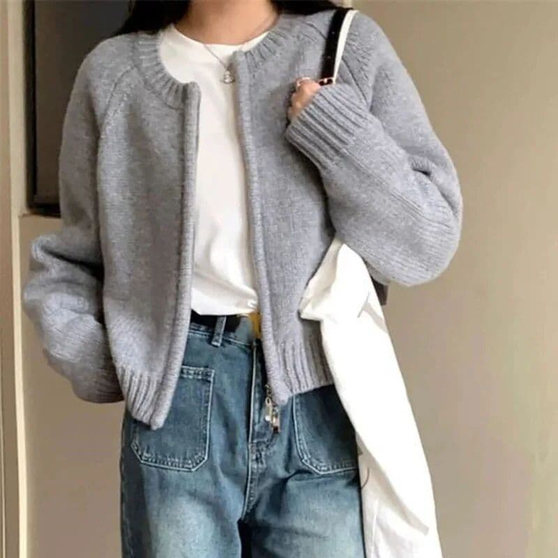 XPQBB Women's Short Sweater Cardigan Solid Long Sleeved Double Zipper Knitted Sweaters Coats Female  Round Neck Versatile Knitwear