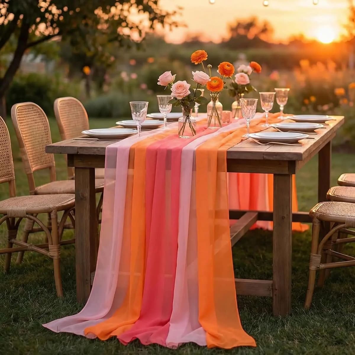 NONE 6pcs Table Runner Chiffon Sheer Gauze Red Pink Orange Boho Rustic Sunset Party Decor For Wedding Birthday Baby Bridal Shower