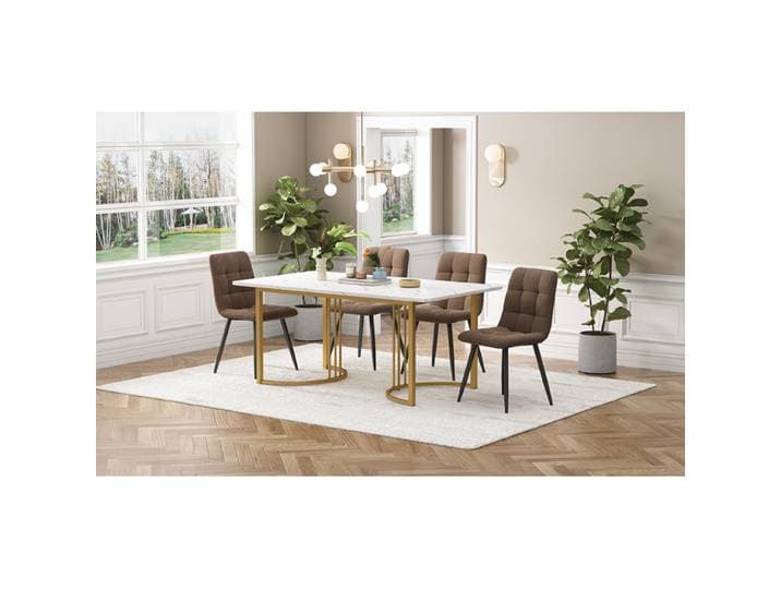 Ensemble salle à manger (5 pièces), table de salle à manger avec 4 chaises, ensemble de table de cuisine moderne, table de cuisine 140×80 cm avec pieds en métal doré, plateau en MDF blanc, chaises de