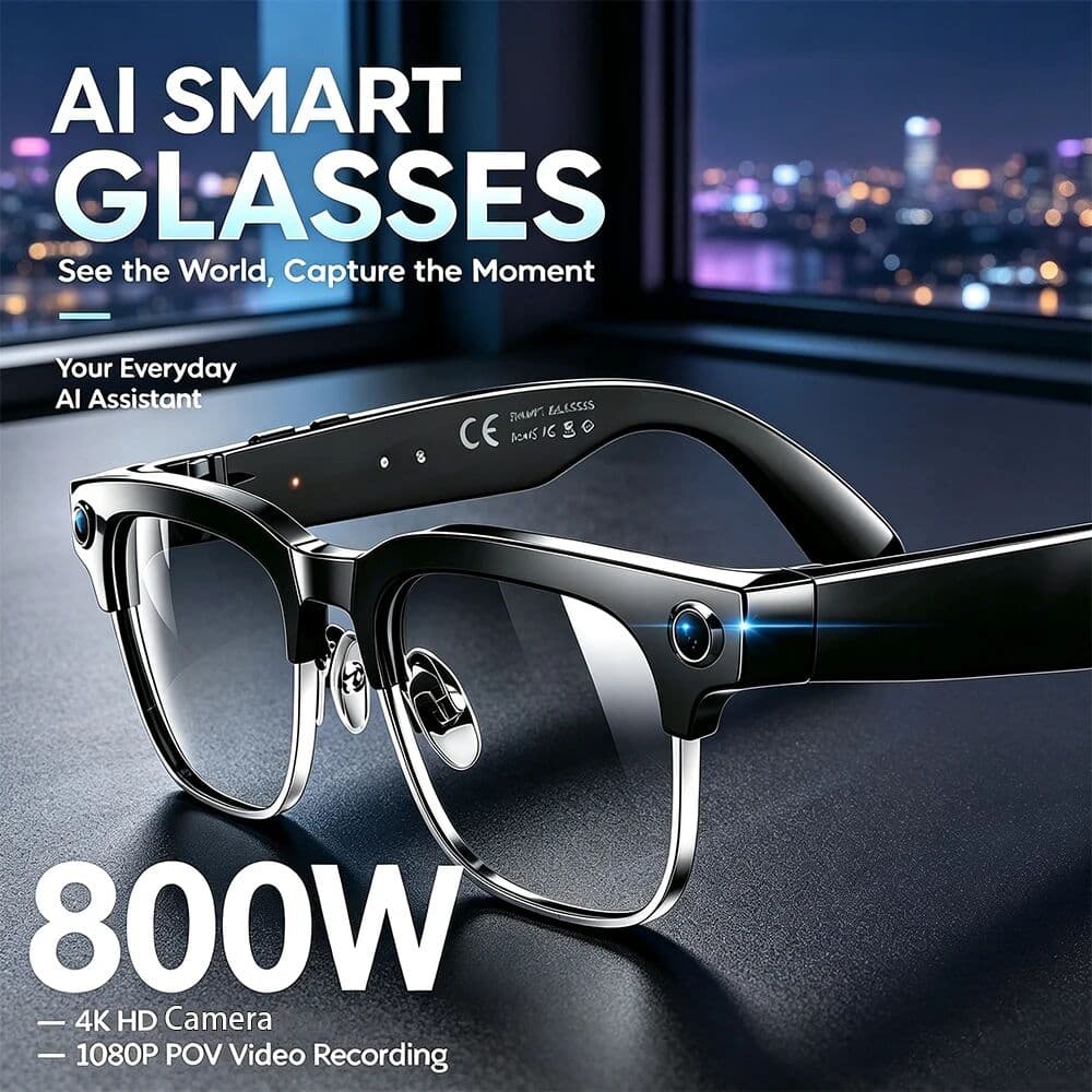 yaocx 8MP HD Camera 4K UHD Metal Half Frame Glasses 4GB Memory Wi-Fi Image Transfer AI Real-Time Translation Waterproof Smart Glasses