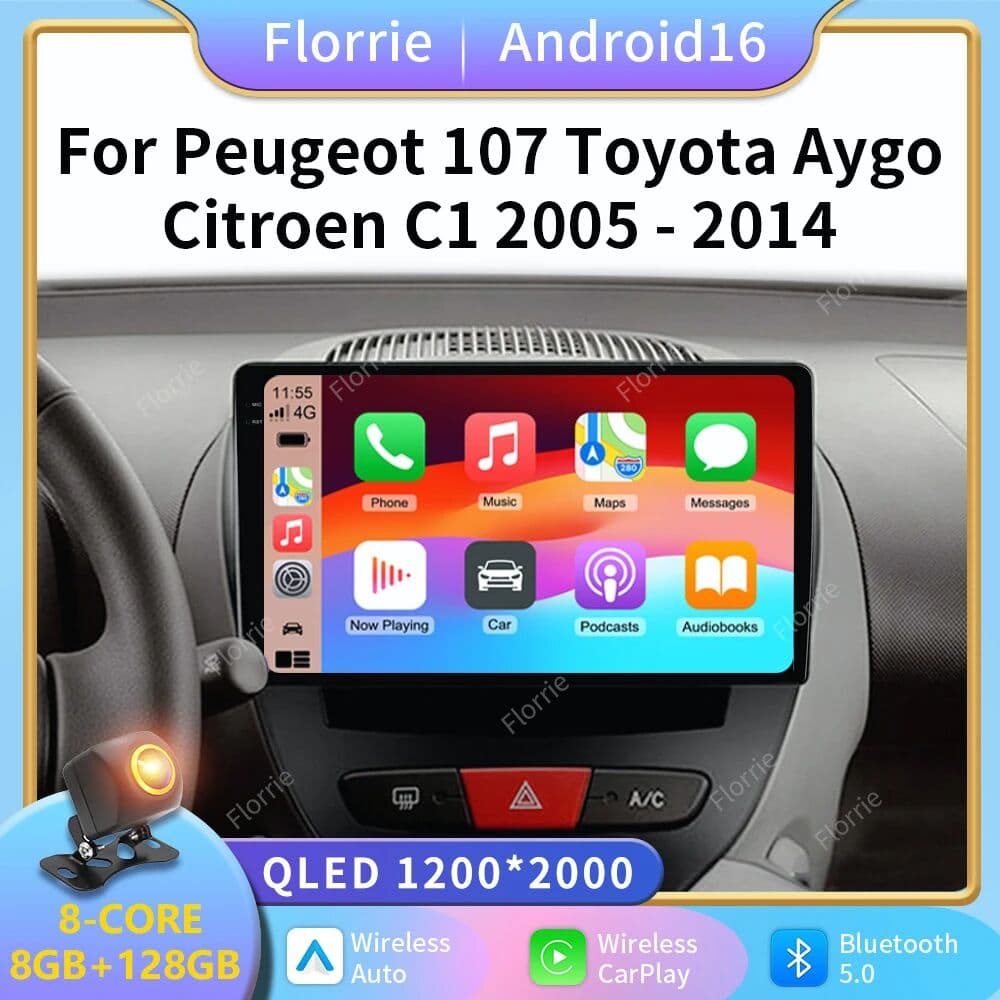 Florrie Android 16 2K Car Multimedia Player For Peugeot 107 Toyota Aygo Citroen C1 2005-2014 Head Unit Stereo GPS Navigation BT WIFI 4G