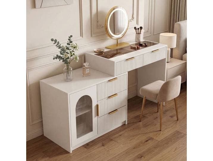 Coiffeuse avec miroir LED 3 modes et rangements coiffeuse extensible plateau en verre trempé MDF blanc