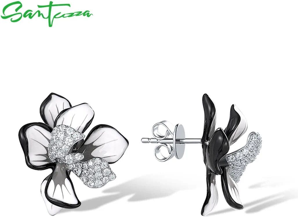 SANTUZZA Pure 925 Sterling Silver Stud Earrings For Women Sparkling Purple & White Enamel Flower Wedding Chic Party Fine Jewelry
