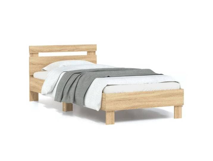 Cadre de lit avec lumières LED - Happiness - 90x190 cm - Chêne sonoma - Bois d'ingénierie - Lattes en contreplaqué